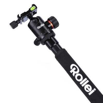 Monopé preto Rollei com empunhadura acolchoada, cabeça esférica e nível de bolha