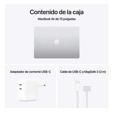 Conteúdo da caixa MacBook Air 15 polegadas com portátil, adaptador USB-C e cabo MagSafe 3.