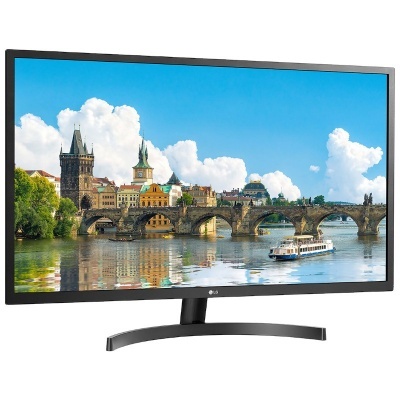 Monitor LG preto com imagem de paisagem urbana e rio