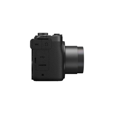 Câmara fotográfica compacta preta vista de lado com lente extendida