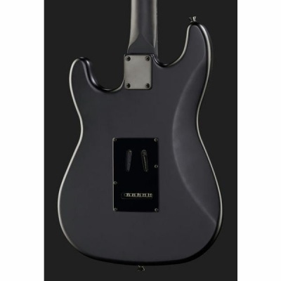 Parte traseira de guitarra elétrica preta com acabamento fosco