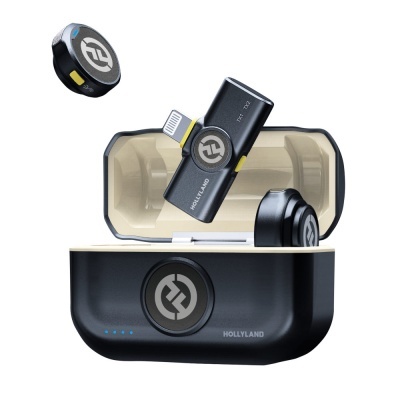 Microfones wireless pretos HOLLYLAND com estojo de carregamento e LEDs azuis