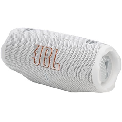 Coluna portátil JBL branca com logótipo laranja e textura de malha