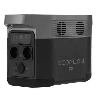 Gerador portátil ECOFLOW MIN preto e cinza com tomadas e painel digital