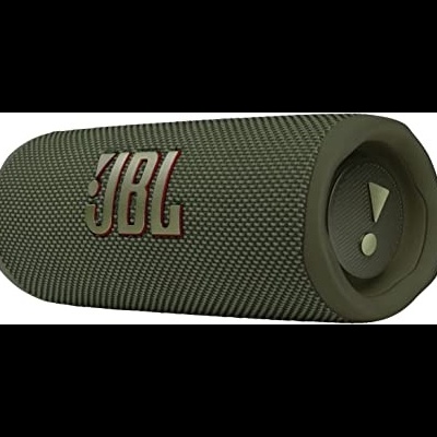 Coluna portátil JBL verde-oliva em tecido com logo em relevo e botão com símbolo de exclamação