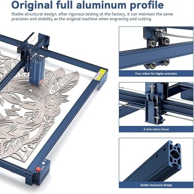 Máquina de corte em alumínio azul com texto em inglês sobre características técnicas.