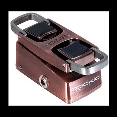 Pedal de guitarra metálico bronze com botões pretos e texto REdkid