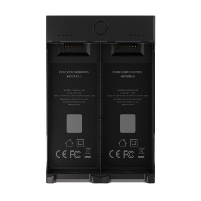 Bateria dupla preta para ZERO ZERO ROBOTICS HOVERAIR com texto e símbolos ambientais