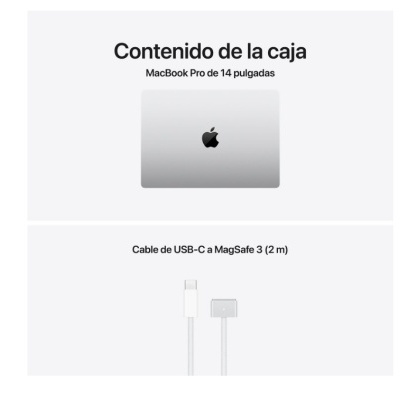 MacBook Pro prateado e cabo USB-C a MagSafe 3 branco em fundo branco com texto