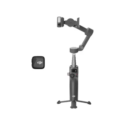 Gimbal estabilizador DJI OM cinza escuro com tripé e estojo preto com logo DJI