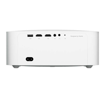 Projeção branca com portas USB, HDMI, AV e áudio, vista de trás