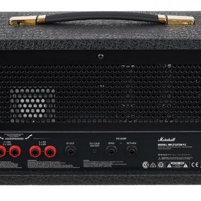 Cabeçote amplificador Marshall preto com painel traseiro e conectores