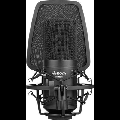Microfone condensador BOYA BY-M800 com suporte anti-vibração e filtro pop