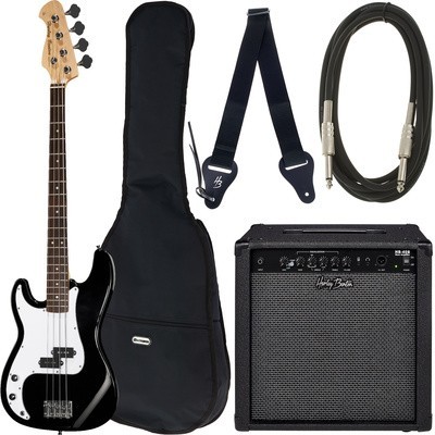 Conjunto com guitarra elétrica preta, capa preta, correia, cabo e amplificador preto