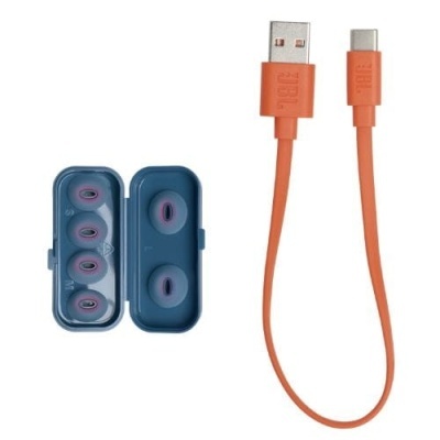Suporte azul com borrachas auriculares e cabo USB laranja JBL
