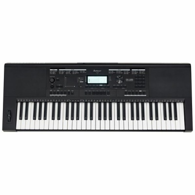 Teclado musical digital preto com 61 teclas e ecrã LCD