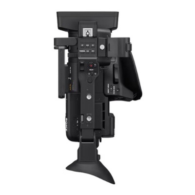 Câmara de vídeo profissional preta com visor articulado