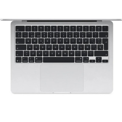 Computador portátil aberto visto de cima com teclado preto e corpo de alumínio prateado