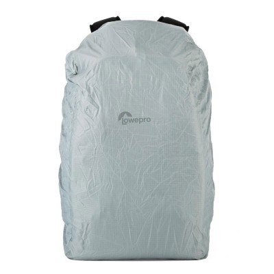 Mochila cinzenta com capa protetora e logótipo Lowepro