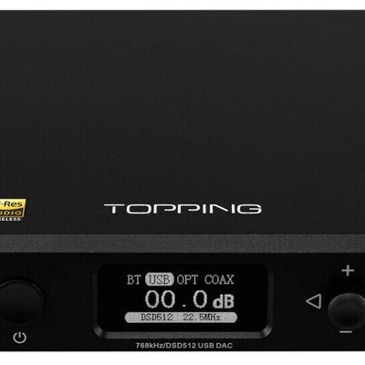Conversor digital para analógico Topping D50s preto com ecrã central e etiquetas Hi-Res Audio