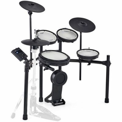 Bateria eletrónica preta e branca com módulo de controlo e pratos