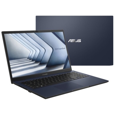 Portátil ASUS ExpertBook azul escuro com ecrã aberto e logotipo ASUS na tampa