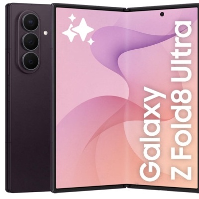 Smartphone dobrável Samsung Galaxy Z Fold8 Ultra roxo com ecrã frontal dobrado e texto visível