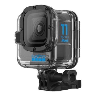 Câmara de ação preta GoPro 11 Black Mini com caixa protetora transparente e suporte.