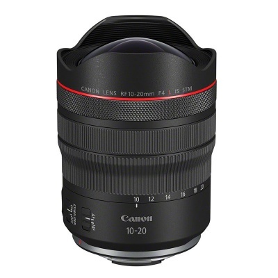 Objetiva Canon RF 10-20mm F4 L IS STM preta com anel vermelho