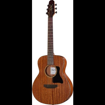 Guitarra acústica de madeira castanha com etiqueta interna Harley Benton