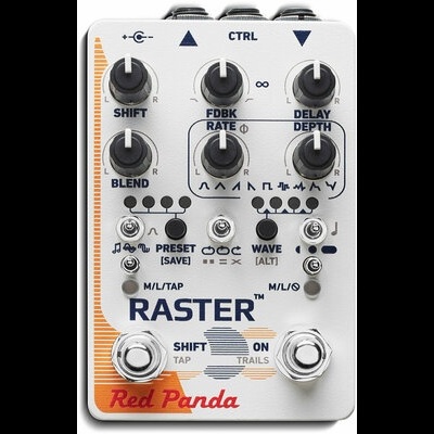 Pedal de efeitos para guitarra Red Panda Raster, branco com detalhes laranja e azul e múltiplos controlos e botões