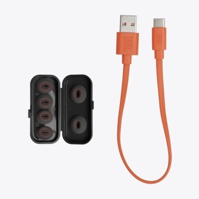 Protótipos auriculares de silicone castanho numa caixa preta e cabo USB laranja com USB tipo A e tipo C