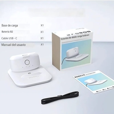 Estação de carga dupla branca com cabo USB-C e manual sobre superfície branca