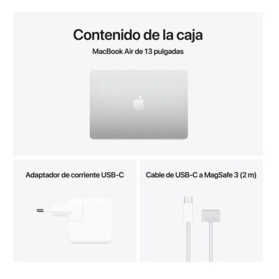 Conteúdo da caixa MacBook Air de 13 polegadas, adaptador USB-C e cabo USB-C a MagSafe 3.