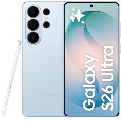 Smartphone Samsung Galaxy S26 Ultra azul com caneta branca e texto no ecrã