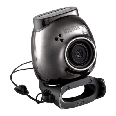 Máquina fotográfica instantânea Instax cinza metálico com lente circular e flash