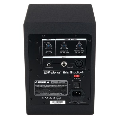 Coluna de áudio preta PreSonus Eris Studio 4 com botões e tomadas no painel traseiro