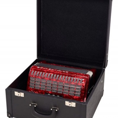 Acordeão vermelho dentro de mala preta aberta