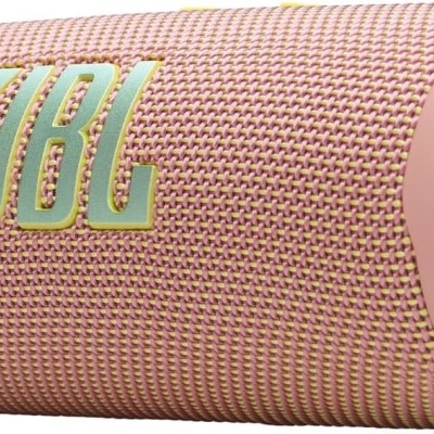 Coluna portátil JBL cor de rosa com botão lateral e logótipo amarelo esverdeado