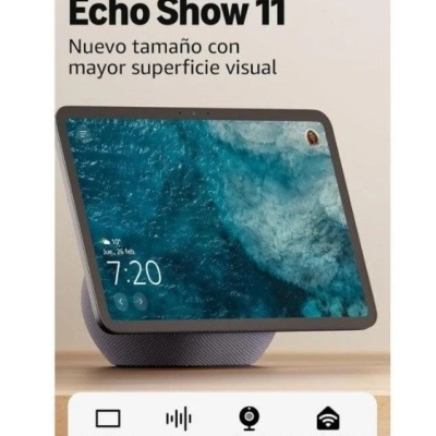 Echo Show 11 com ecrã azul e base cinzenta