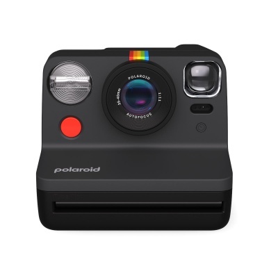 Câmara instantânea preta Polaroid com botão vermelho e faixa colorida