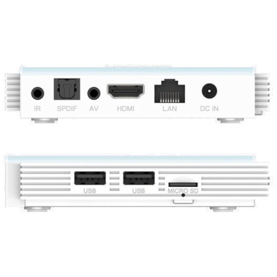 Dispositivo eletrónico branco com várias portas e entradas