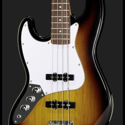 Baixo elétrico sunburst com quatro cordas e botões metálicos