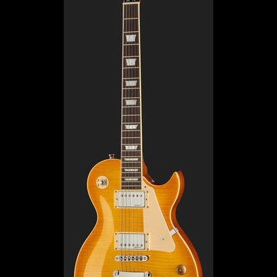 Guitarra elétrica tipo Les Paul âmbar com captadores cromados e cabeça preta Harley Benton