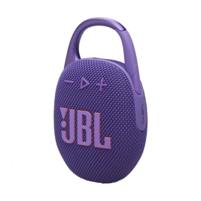 Coluna portátil JBL roxa com mosquetão e botões de controlo
