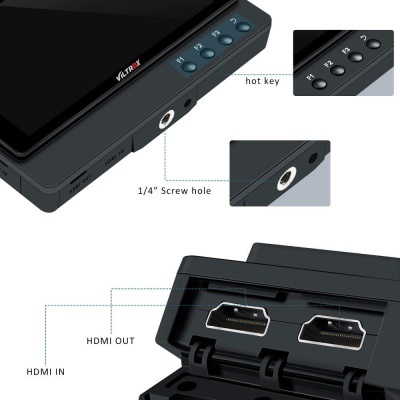 Monitor preto VOLTRX com botões F1, F2, F3, entrada para parafuso 1/4