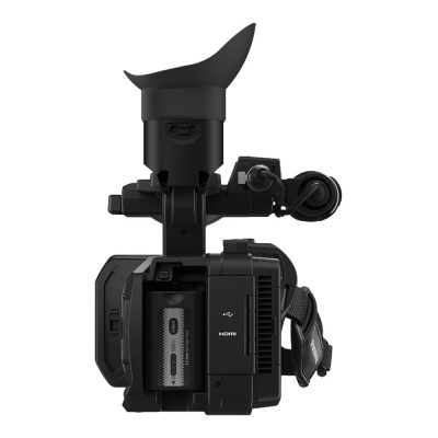 Câmara de vídeo profissional preta vista de trás com visor e ocular