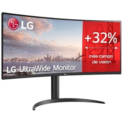 Monitor LG UltraWide curvo preto com texto promocional em espanhol.