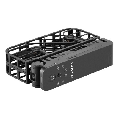 Drone dobrado cinza escuro com grelha protectora e texto HOVER no corpo