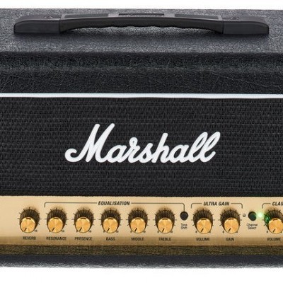 Cabeça de amplificador Marshall preto com painel dourado e botões de controlo.